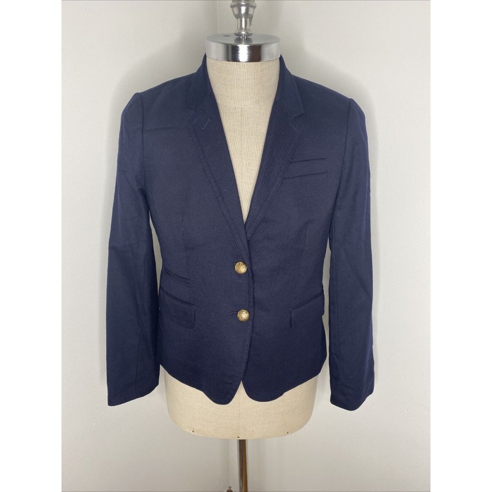 J. Crew Schoolboy Blazer Navy Blue Wool Suit Jacket Size 8 Gold Crest Buttons